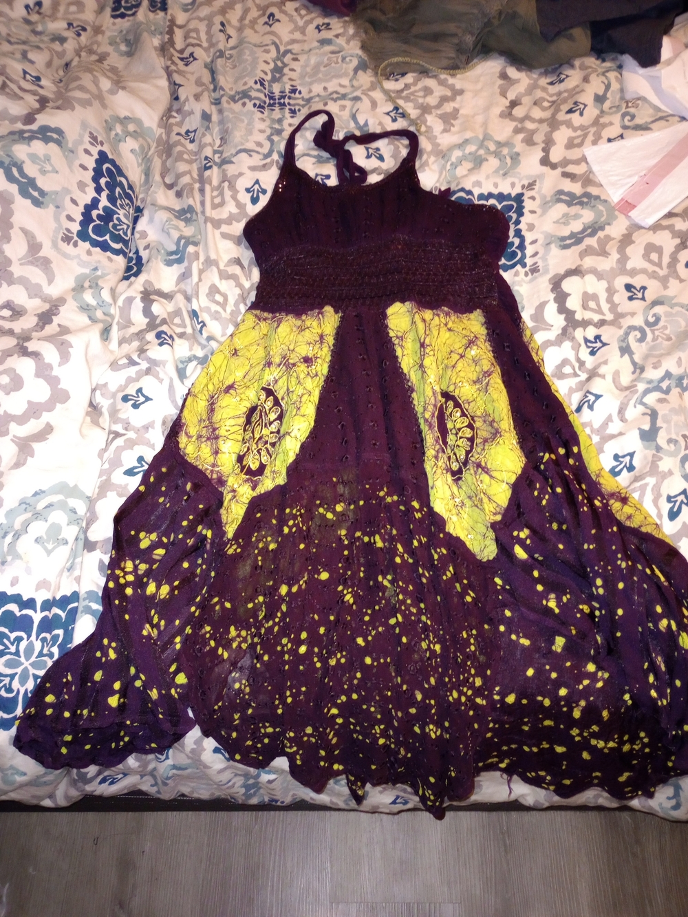 Backless Halter Tie-Dye Midi Dress in Purple and Yellow